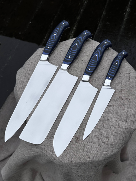 Кухонный цельнометаллический набор "Японская четверка" из стали AUS-10, накладки из G10 черное и синей