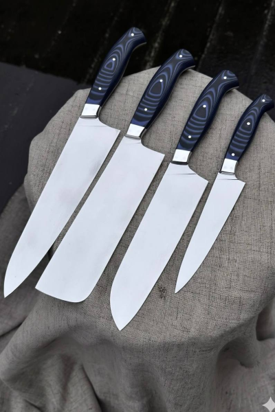 Кухонный цельнометаллический набор "Японская четверка" из стали AUS-10, накладки из G10 черное и синей 