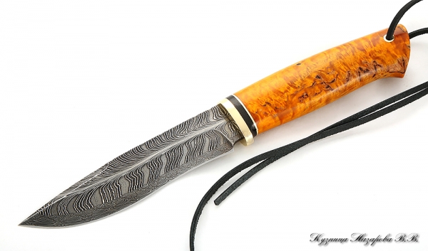 Varan Damascus end knife stabilized Karelian birch (amber)