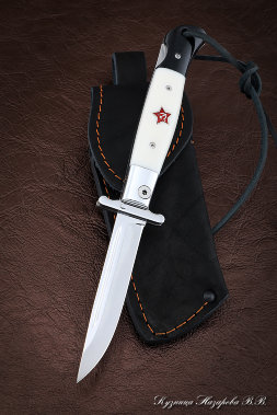 NKVD Knife Folding Steel Elmax lining Acrylic white+Black with red star 925 silver