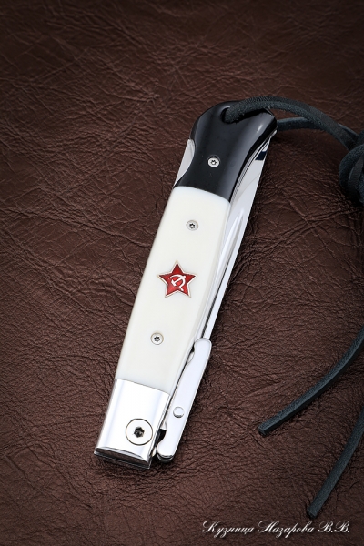 NKVD Knife Folding Steel Elmax lining Acrylic white+Black with red star 925 silver