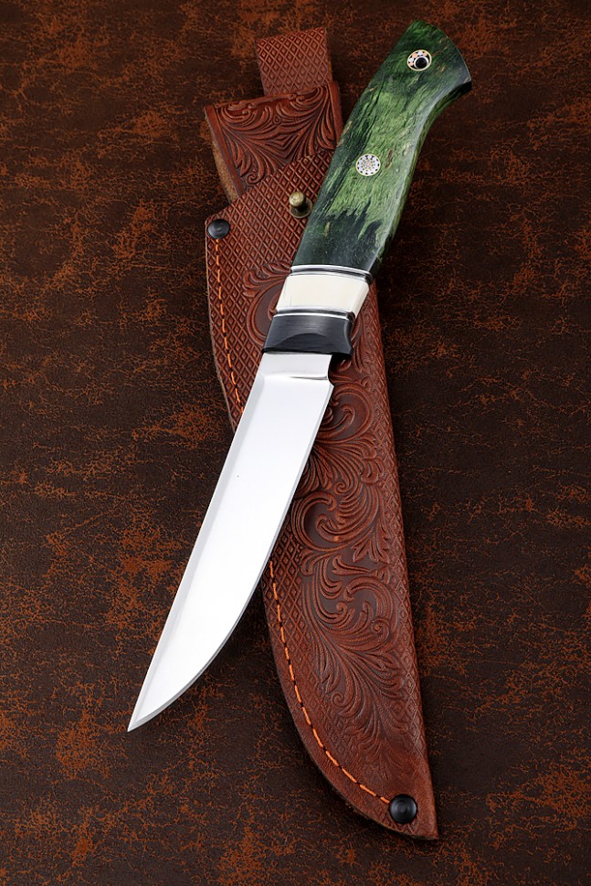 Нож Ирбис-2 Х12МФ (полиров) рукоять карбон, бивень моржа, карельская береза зеленая