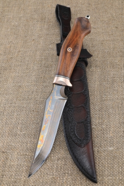Exclusive Puma knife made of laminated damascus, mokume-gane handle and iron wood