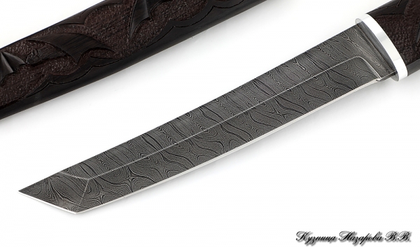 Knife Tanto Damascus black hornbeam carved bat wooden sheath auth.