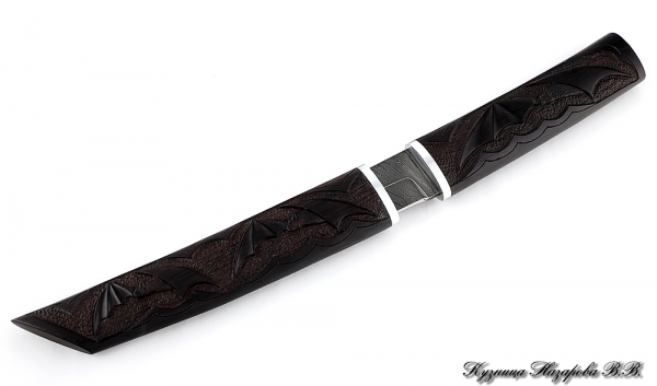 Knife Tanto Damascus black hornbeam carved bat wooden sheath auth.