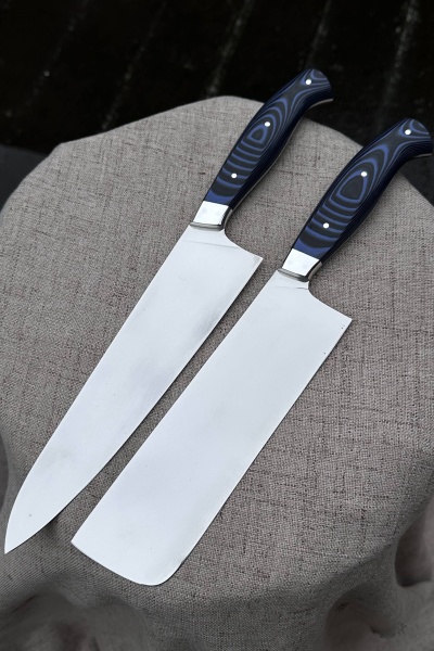 Кухонный цельнометаллический набор "Японская двойка" из стали AUS-10, накладки из G10 черное и синей