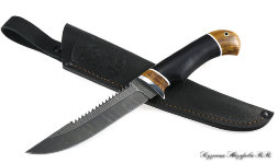 Knife Fisherman Damascus black hornbeam stabilized Karelian birch (amber)