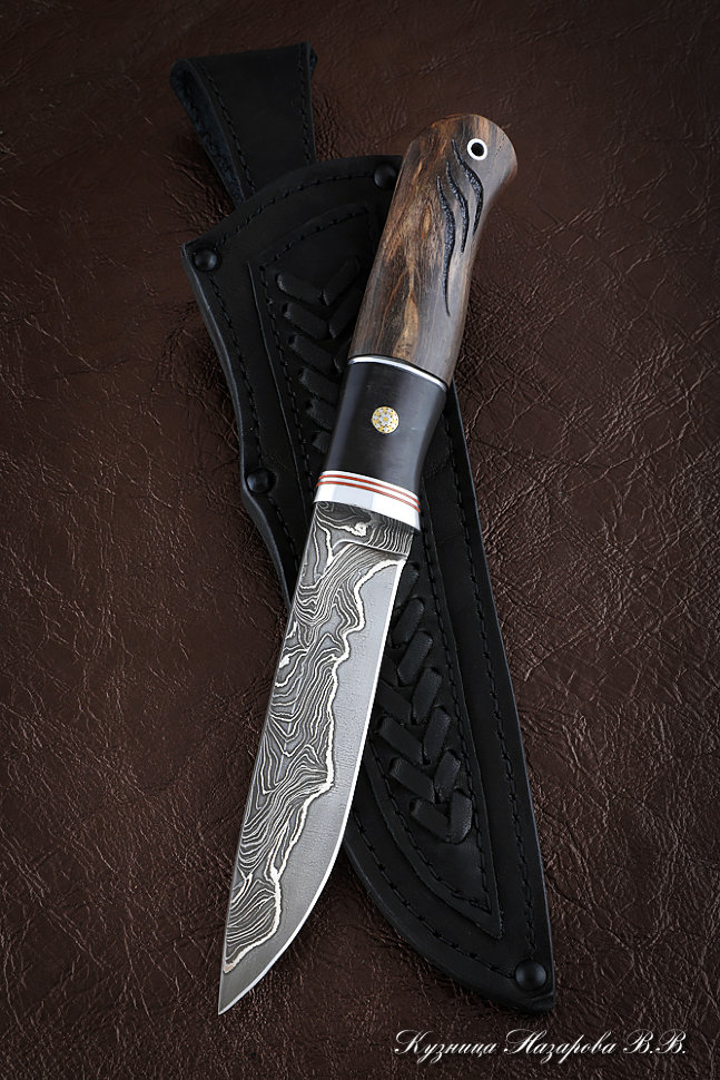 Нож Путник дамаск ламинированный рукоять карельская береза резная черный граб (Sicac)