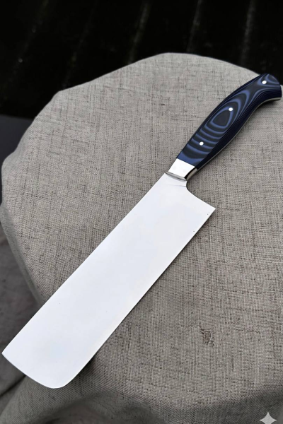 Кухонный цельнометаллический нож "Накири" из стали AUS-10, накладки из G10 черное и синей 