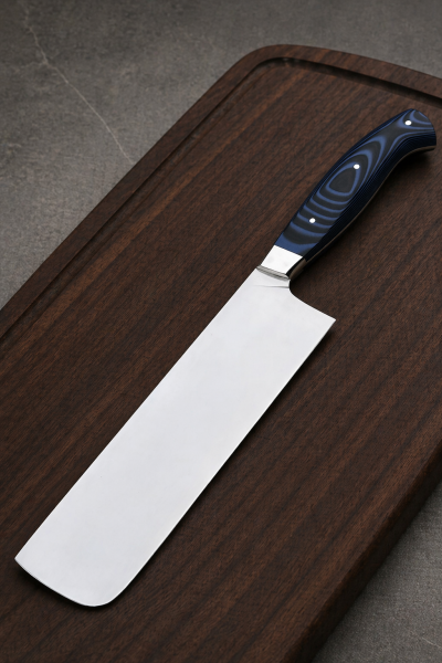 Кухонный цельнометаллический нож "Накири" из стали AUS-10, накладки из G10 черное и синей 