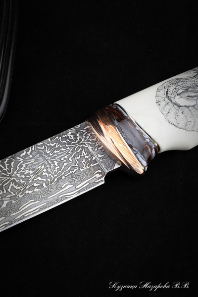 Author's composition The Age of the mammoth knife damascus end handle mokume-gane, mammoth tooth, walrus tusk with a pattern
