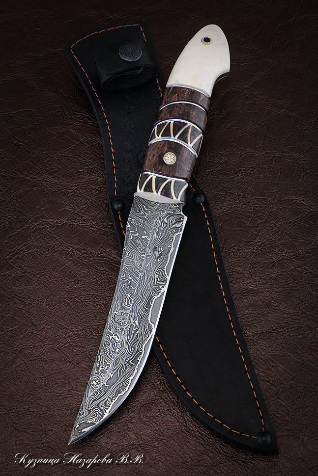 Нож Слон дамаск ламинированный карельская береза рог лося (Sicac)