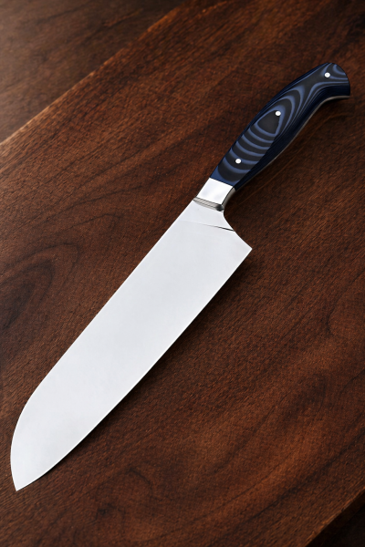 Кухонный цельнометаллический нож "Сантоку" из стали AUS-10, накладки из G10 черное и синей 