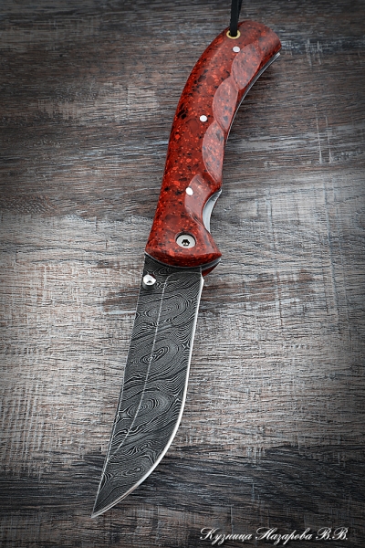 Folding Knife Korsak Steel Damascus Lining Acrylic Red