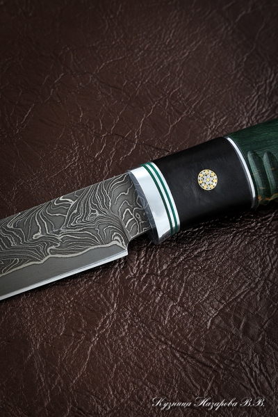 Нож Ирбис дамаск ламинированный черный граб карельская береза зеленая (Sicac)