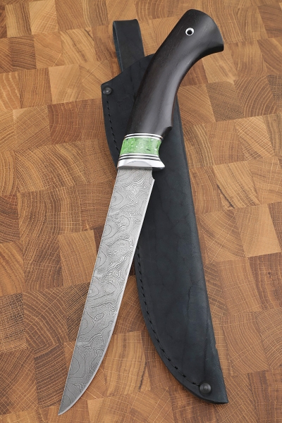 Нож Касатка большая филейный дамаск рукоять акрил зеленый черный граб 2