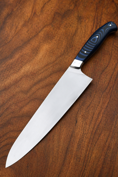 Кухонный цельнометаллический нож "Гюйто" из стали AUS-10, накладки из G10 черное и синей