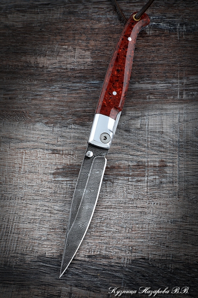 Folding Knife Pen Steel Damascus Handle Duralumin Acrylic Red