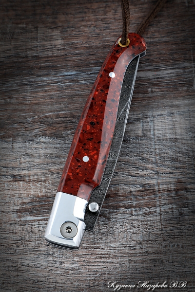 Нож складной Перо сталь дамаск рукоять дюраль акрил красный