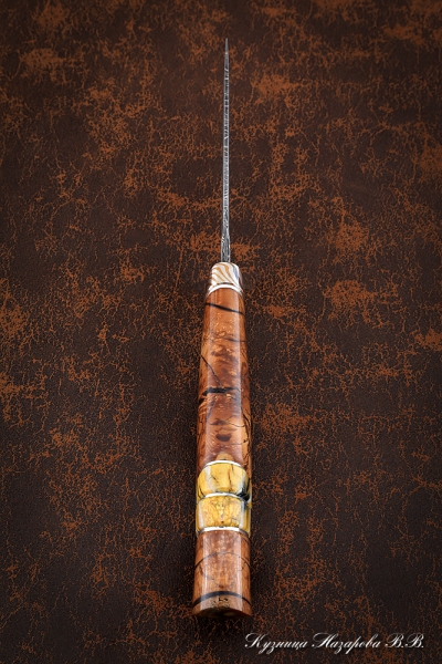Нож Штык дамаск торцевой ячеистый кость мамонта мокуме-гане на подставке