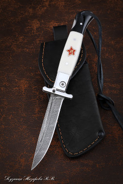 NKVD Folding knife Damascus with pin acrylic white+black with red star