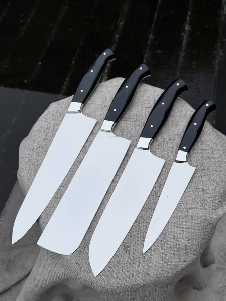 Кухонный цельнометаллический набор"Японская четверка" из стали VG-10, накладки из G10 черной