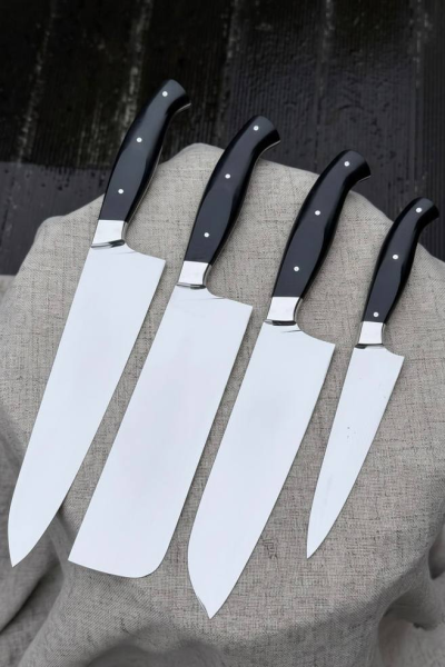 Кухонный цельнометаллический набор"Японская четверка" из стали VG-10, накладки из G10 черной