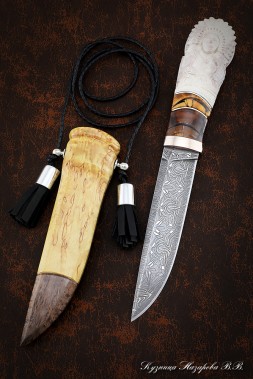 Indian Damascus end knife Mokume-gane mammoth bone elk horn carved scabbard Karelian birch