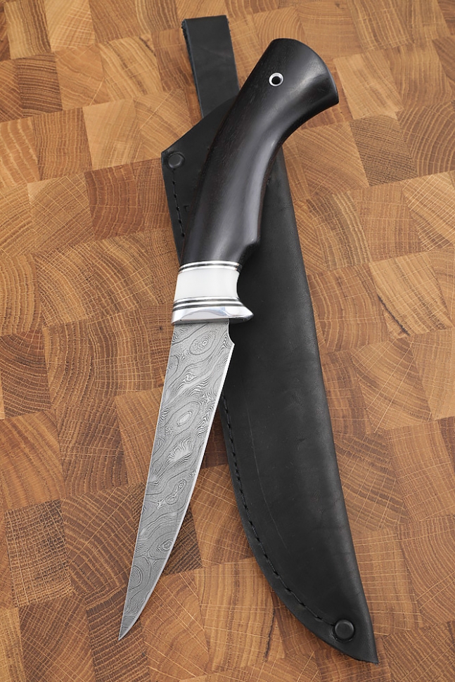 Нож Касатка малая филейный дамаск рукоять акрил белый черный граб