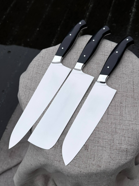 Кухонный цельнометаллический набор "Японская тройка" из стали VG-10, накладки из G10 черной