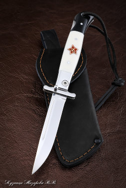 NKVD knife folding steel Elmax with pin acrylic white+black with red star