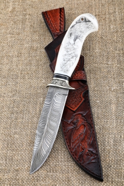 Knife Corsair Damascus end handle moose horn scrimshaw