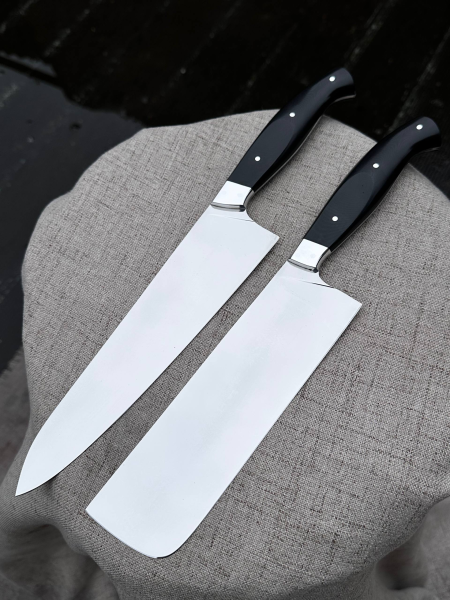 Кухонный цельнометаллический набор "Японская двойка" из стали VG-10, накладки из G10 черной