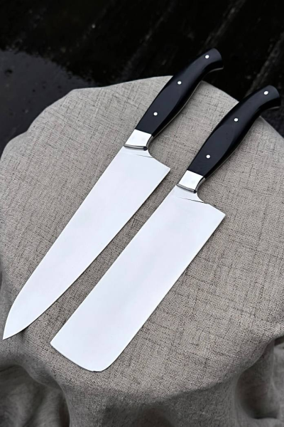 Кухонный цельнометаллический набор "Японская двойка" из стали VG-10, накладки из G10 черной