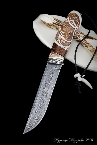 Нож Вепрь дамаск нержавеющий кость мамонта железное дерево бивень моржа резной мельхиор на подставке