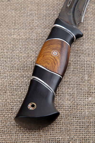 Knife Angara Damascus laminated with fuller burnished black hornbeam ironwood carbon
