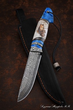Boar Damascus end knife, Karelian birch handle blue elk horn mammoth bone, nickel silver