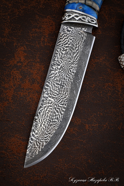 Boar Damascus end knife, Karelian birch handle blue elk horn mammoth bone, nickel silver