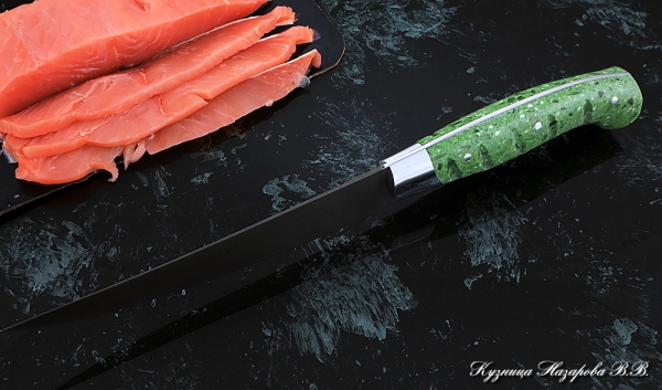 Кухонный нож Шеф № 5 сталь Х12МФ рукоять акрил зеленый
