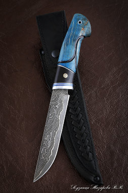 Knife Gadfly Damascus laminated black hornbeam carved stabilized Karelian birch blue (Sicac)