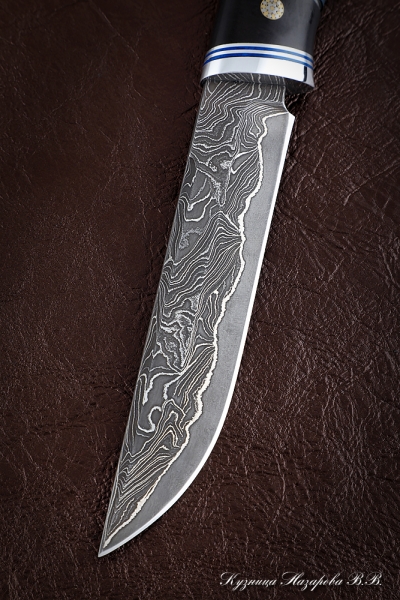 Knife Gadfly Damascus laminated black hornbeam carved stabilized Karelian birch blue (Sicac)