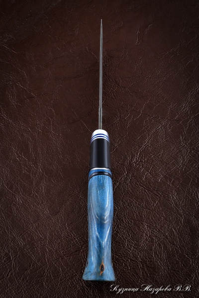 Нож Овод дамаск ламинированный черный граб резная стабилизированная карельская береза синяя (Sicac)