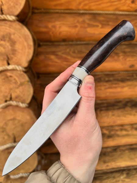 Нож Шеф №2 сталь х12мф с никелем, рукоять карельская береза коричневая и акрил белый (распродажа)