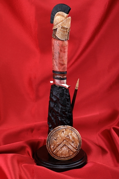 Spartan Damascus end knife with bluing, mokume-ganne Karelian birch red on a stand black hornbeam