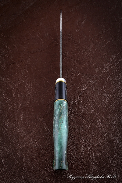 Gadfly knife 2 Damascus end black hornbeam stabilized Karelian birch green (Sicac)