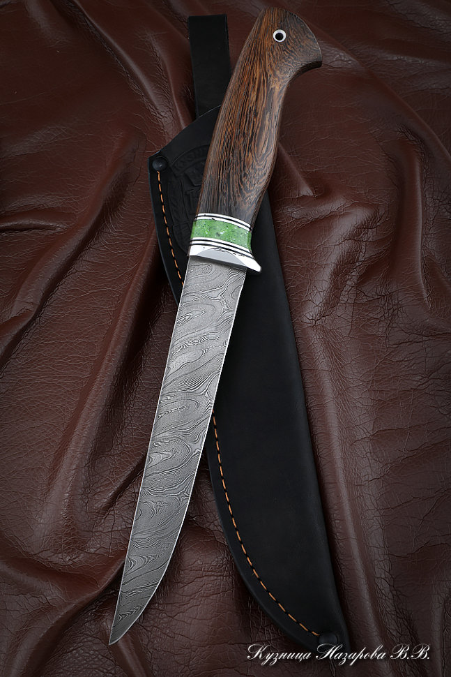 Нож Касатка средняя филейный дамаск венге акрил зеленый