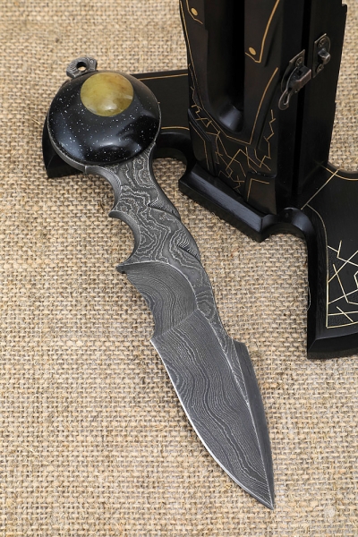 Knife Eclipse of the moon Damascus acrylic scrimshaw on a black hornbeam stand