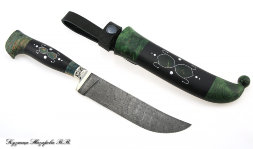 Нож Узбекский дамаск мельхиор черный граб карельская береза (зеленая) авт.