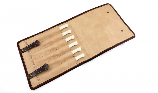 Elmax steak knife set acrylic white in a case made of 100% vegetable-tanned leather produced by LA BRETAGNA factory