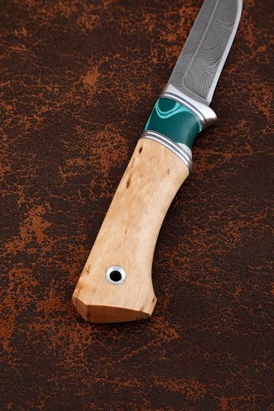 Knife Kid-1, Damascus, handle Karelian birch, acrylic green